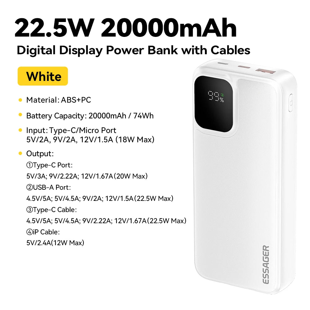 ESSAGER Portable Power Bank - Fast Charging - 20000mAh
